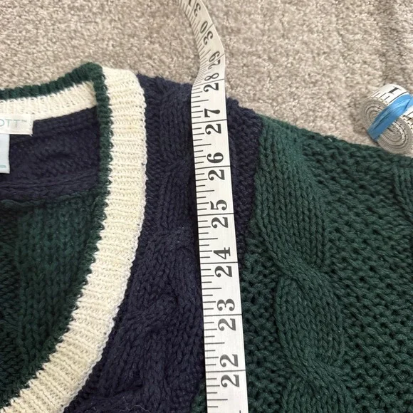 Jamie Scott Green Cable Knit V Neck Tennis Sweater Navy Cream Preppy Medium - Picture 7 of 8